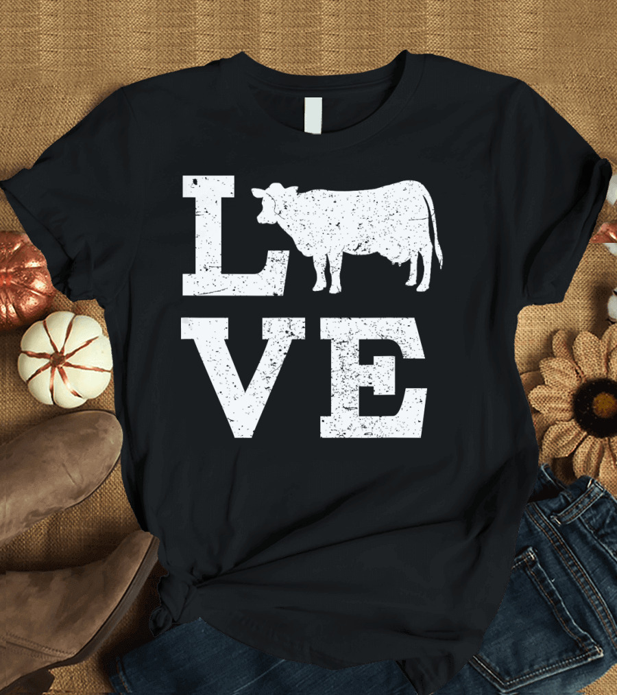 I Love Cow Typography Design with Distressed Look T-Shirt