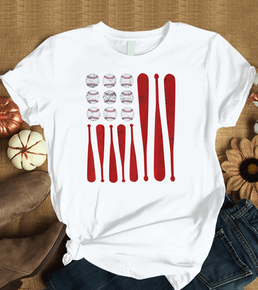 Kids 4th of July American Flag Baseball Bat T-Shirt