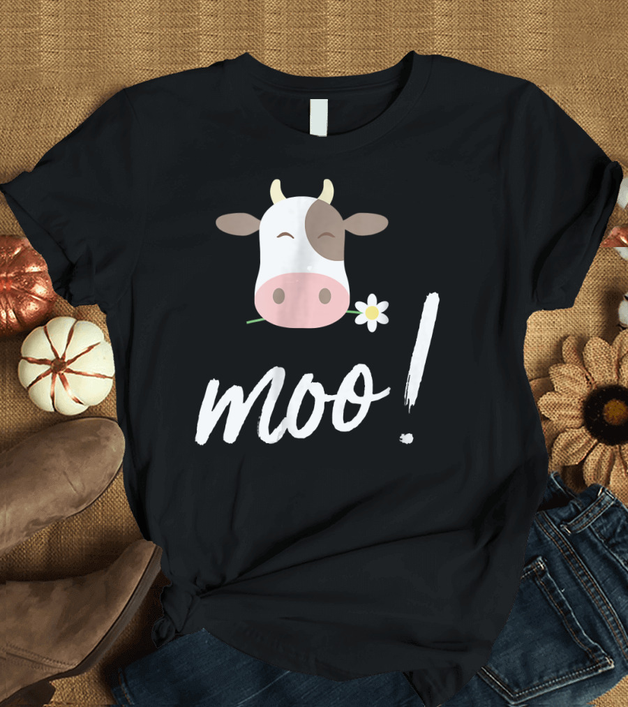 Moo Cow Face with Flower and Playful Script T-Shirt