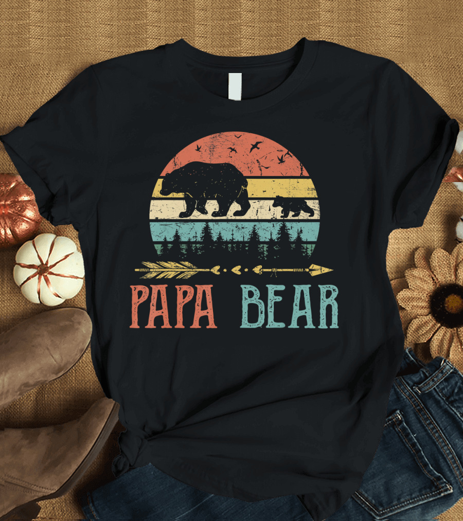 Papa Bear Vintage Daddy Wildling Retro Bear Silhouette Forest Arrow T-Shirt