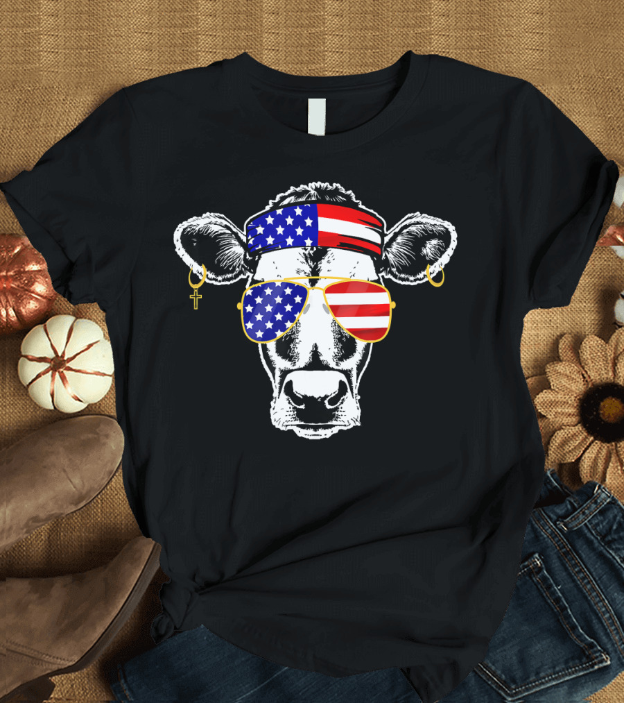 Cow Wearing American Flag Bandana and Sunglasses T-Shirt