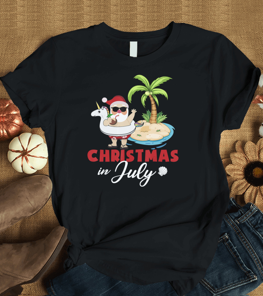 Christmas in July Santa with Unicorn Float Island Scene T-Shirt