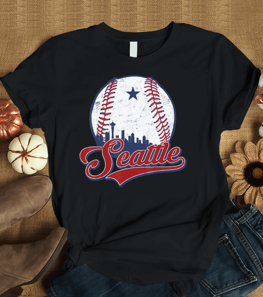 Seattle Baseball Skyline with Iconic Space Needle and Star T-Shirt