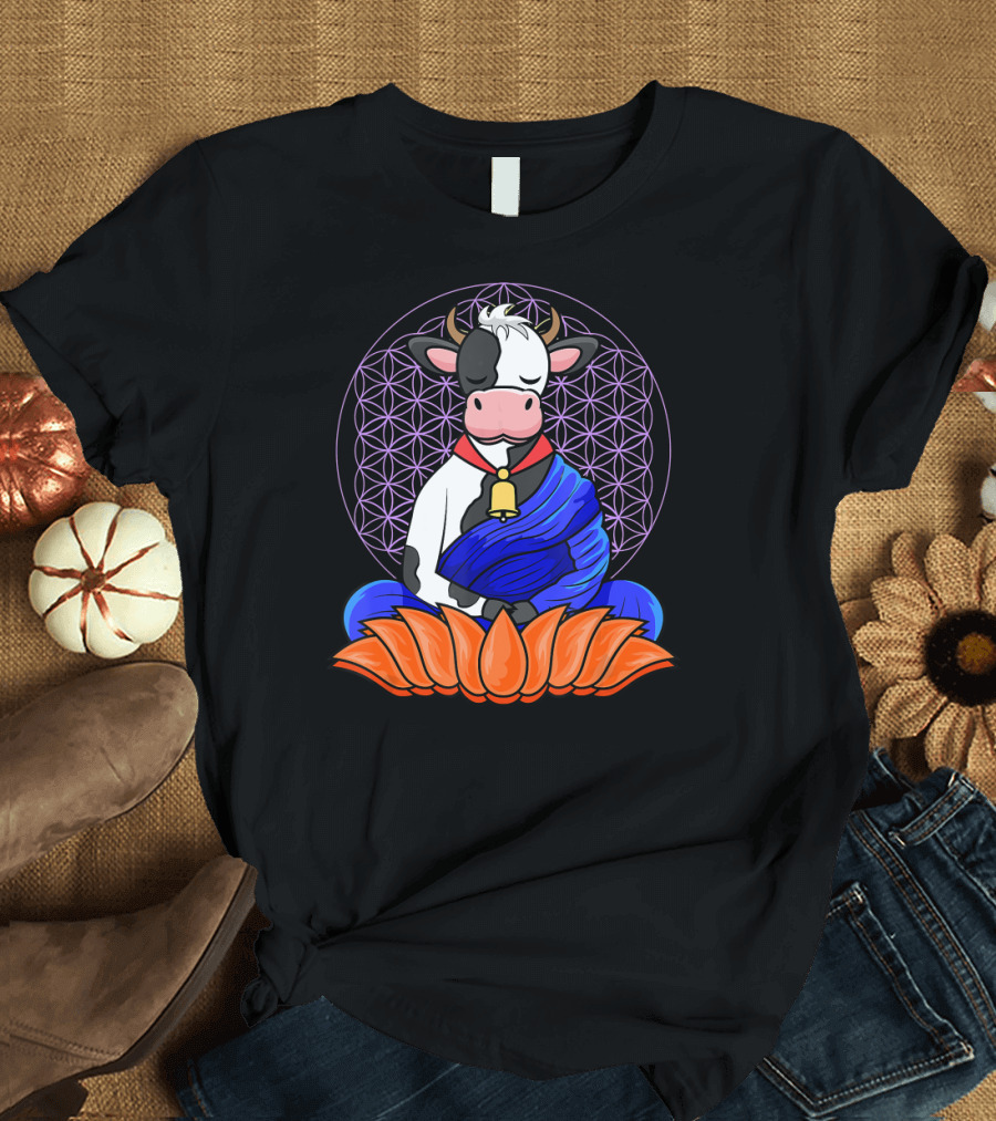 Sitting Cow Meditation Farm Animal Yoga Flower of Life Mandala Lotus T-Shirt