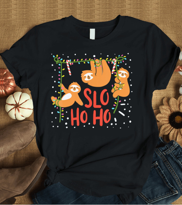 T-Shirt: Slo Ho Ho Sloth Christmas Present Candy Cane Lights T-Shirt Slo Ho Ho Sloth Christmas Present Candy Cane Lights T-Shirt