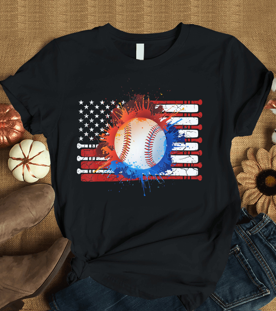 Vintage American Flag Baseball Softball Paint Splatter T-Shirt