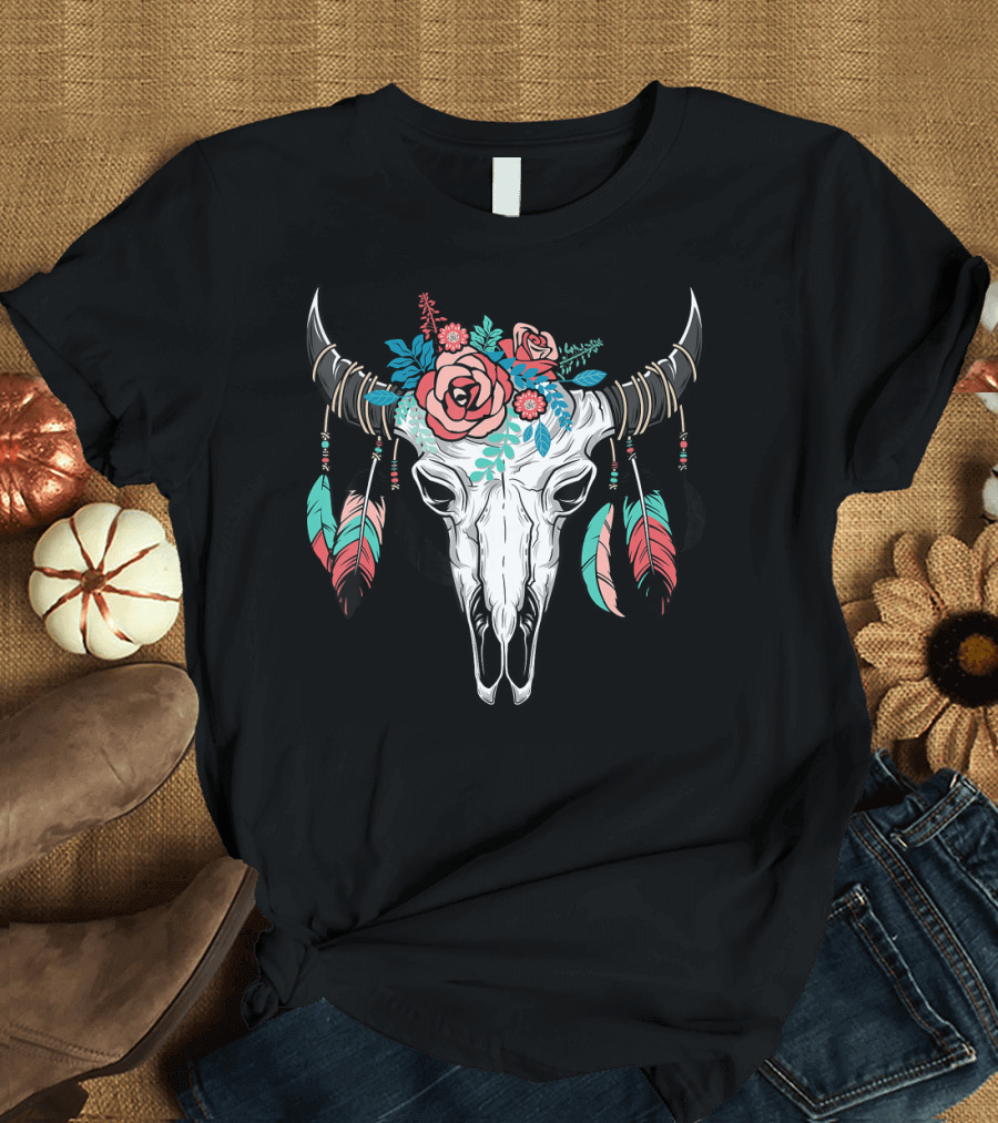 Vintage Cow Skull With Floral Crown and Colorful Feathers T-Shirt