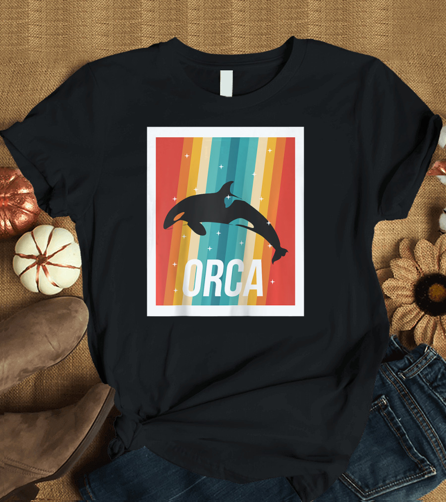 Orca Killer Whale Vintage Rainbow Stripe Raglan T-Shirt