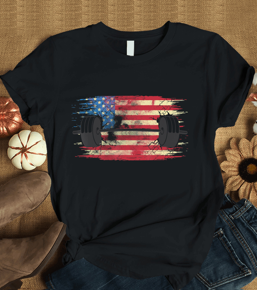 American Flag Barbell Gym Fitness Weights T-Shirt