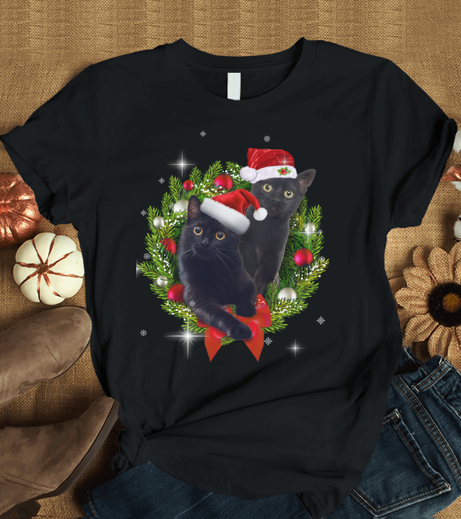Christmas Cats with Santa Hats in Holiday Wreath T-Shirt