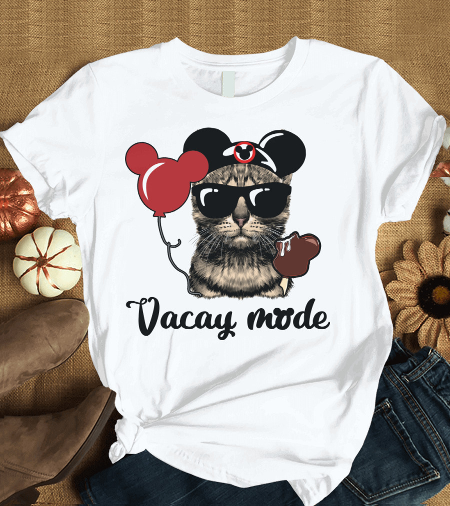 Vacay Mode Cat with Mouse Ears Hat, Balloons, Sunglasses, Ice Cream T-Shirt