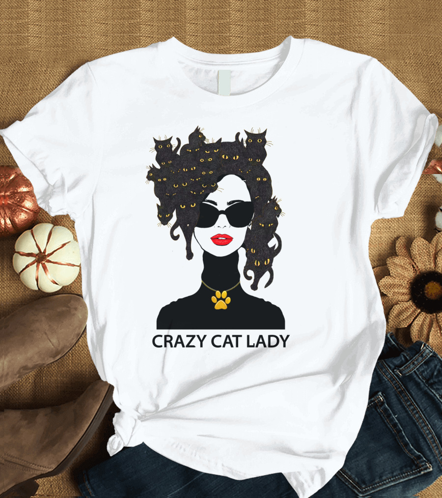 Crazy Cat Lady with Cat Hair and Sunglasses T-Shirt