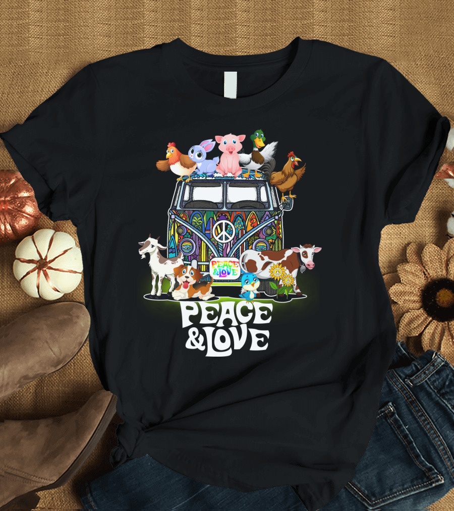 PEACE AND LOVE FARMER ANIMALS VAN WITH PEACE SIGN T-Shirt