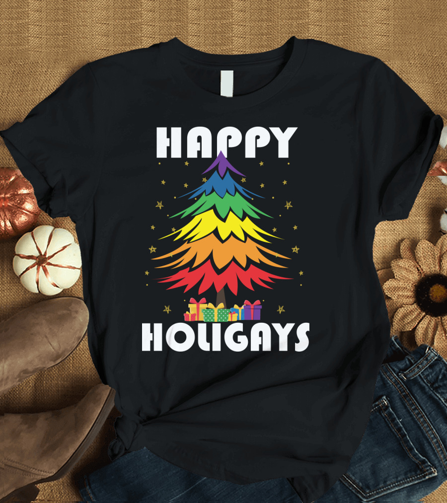 Happy Holigays Rainbow Christmas Tree and Presents T-Shirt
