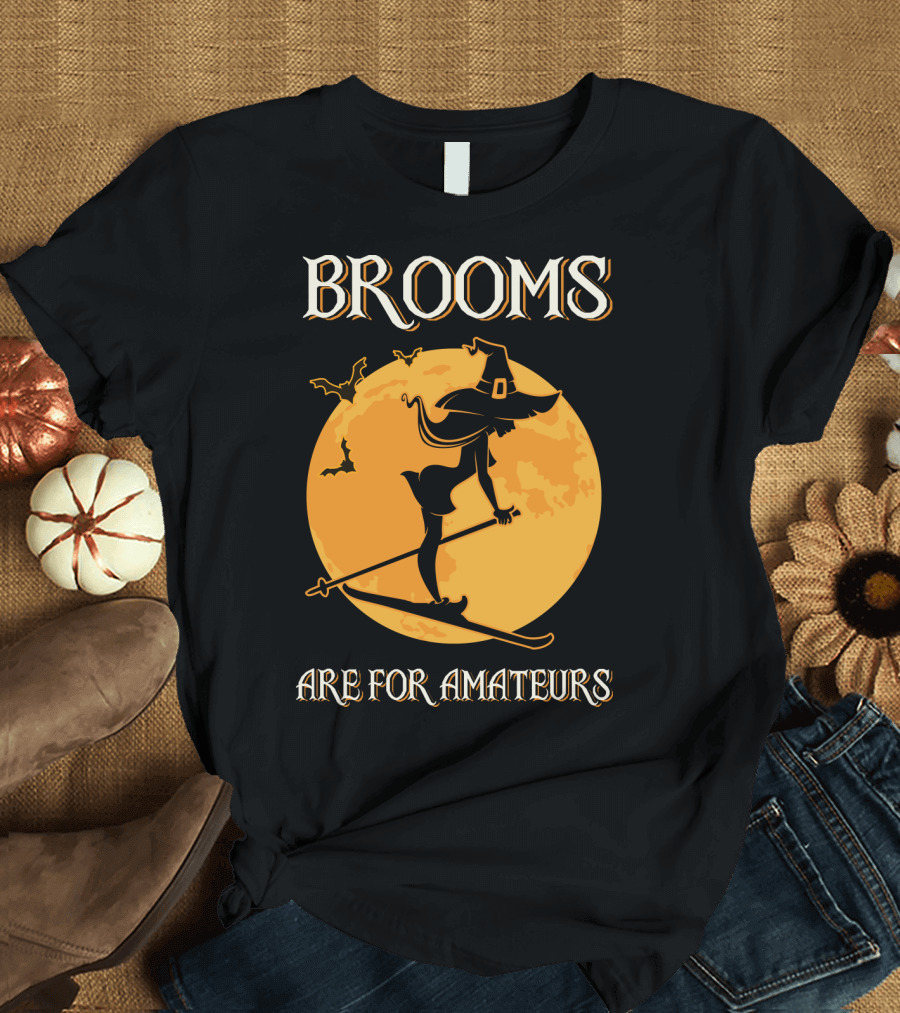 Brooms Are For Amateurs Witch Skiing Silhouette Halloween Moon T-Shirt