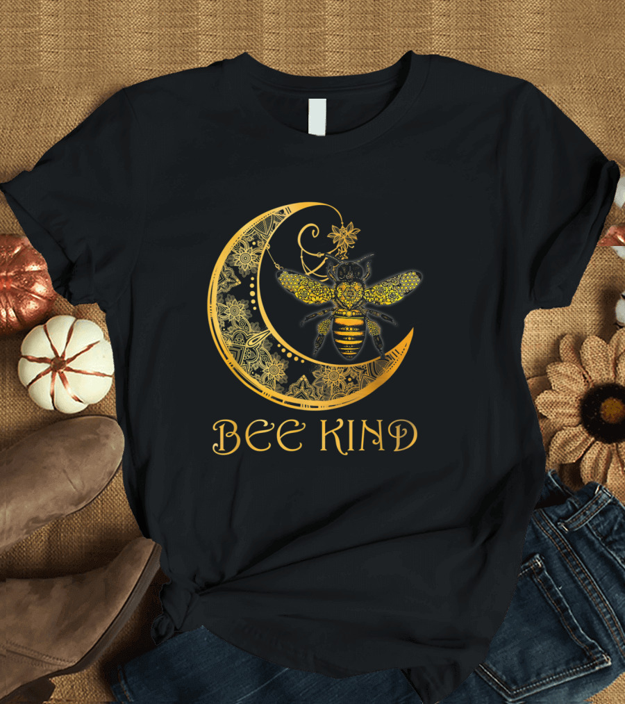 Bee Kind Golden Mandala Bee on Crescent Moon T-Shirt