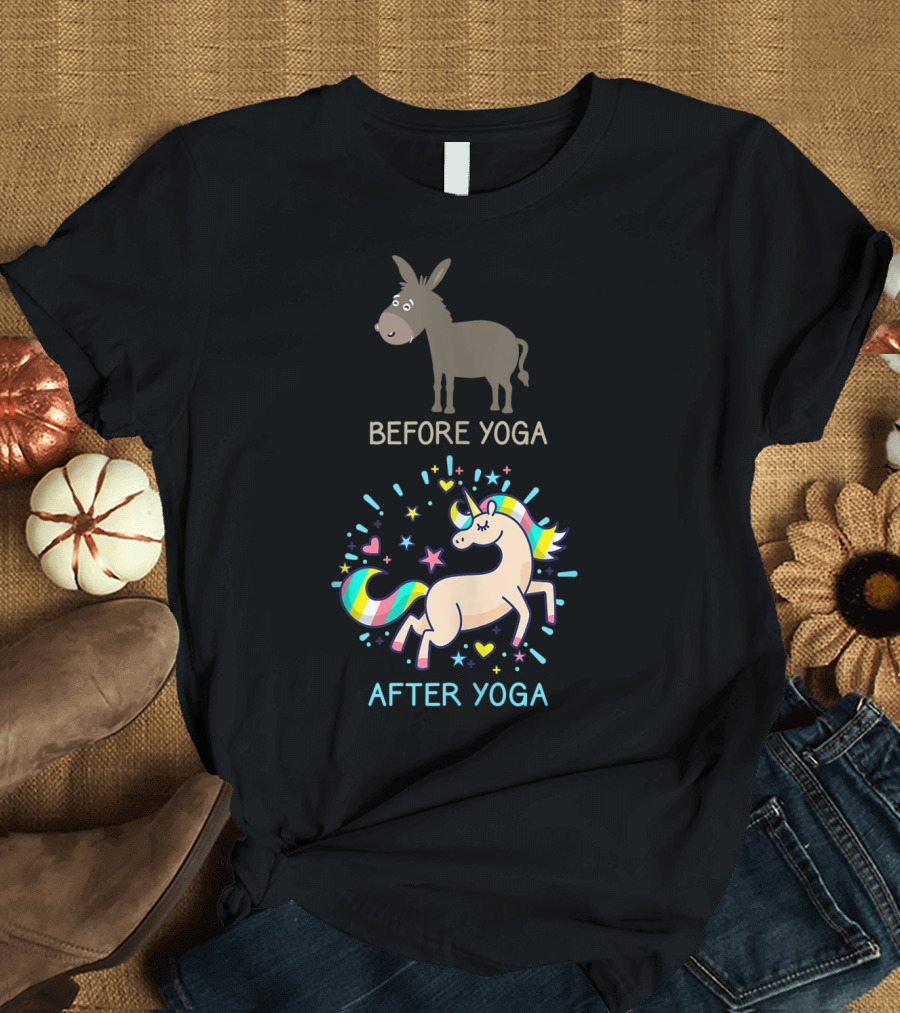 Before Yoga After Yoga Donkey and Unicorn Transformation Fantasy Animals T-Shirt