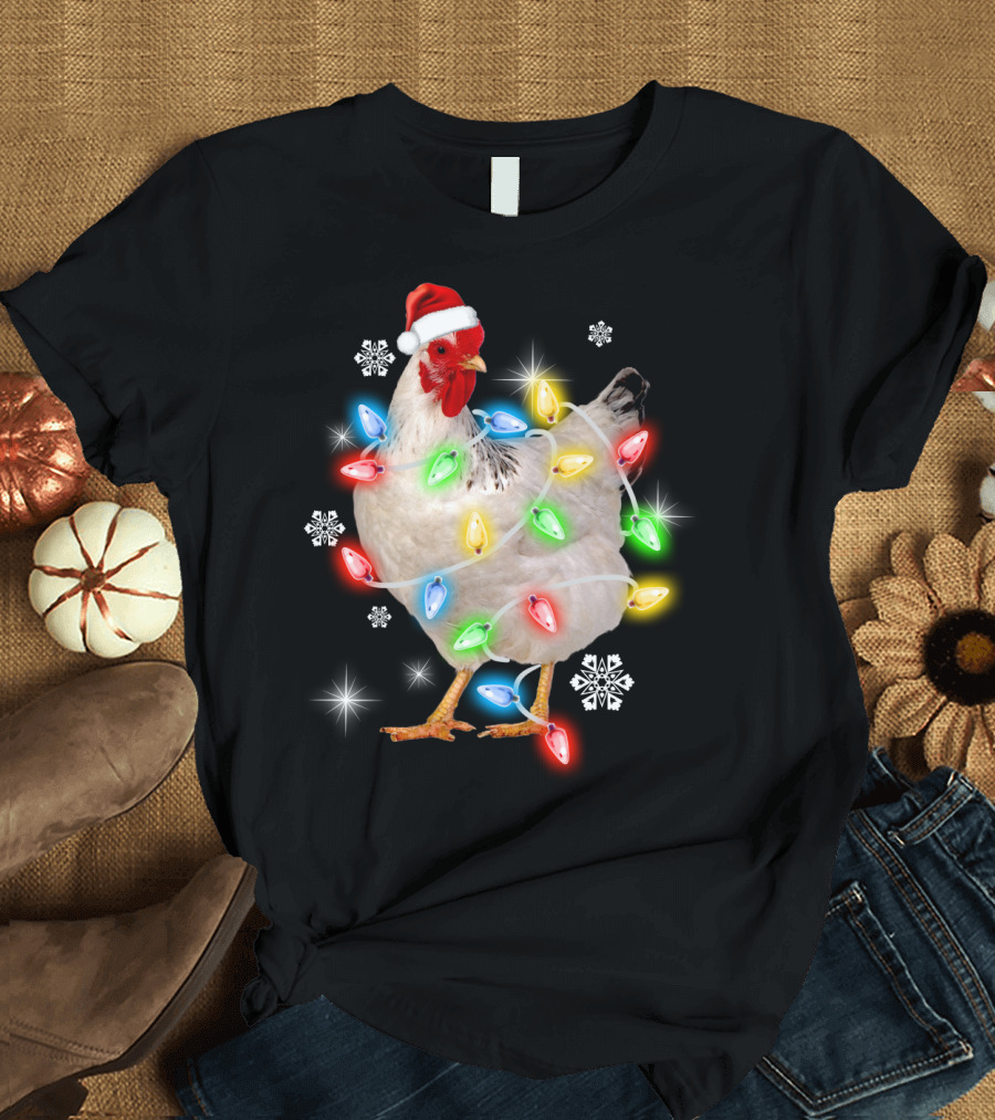Chicken Noel Christmas Lights Santa Hat Snowflakes T-Shirt