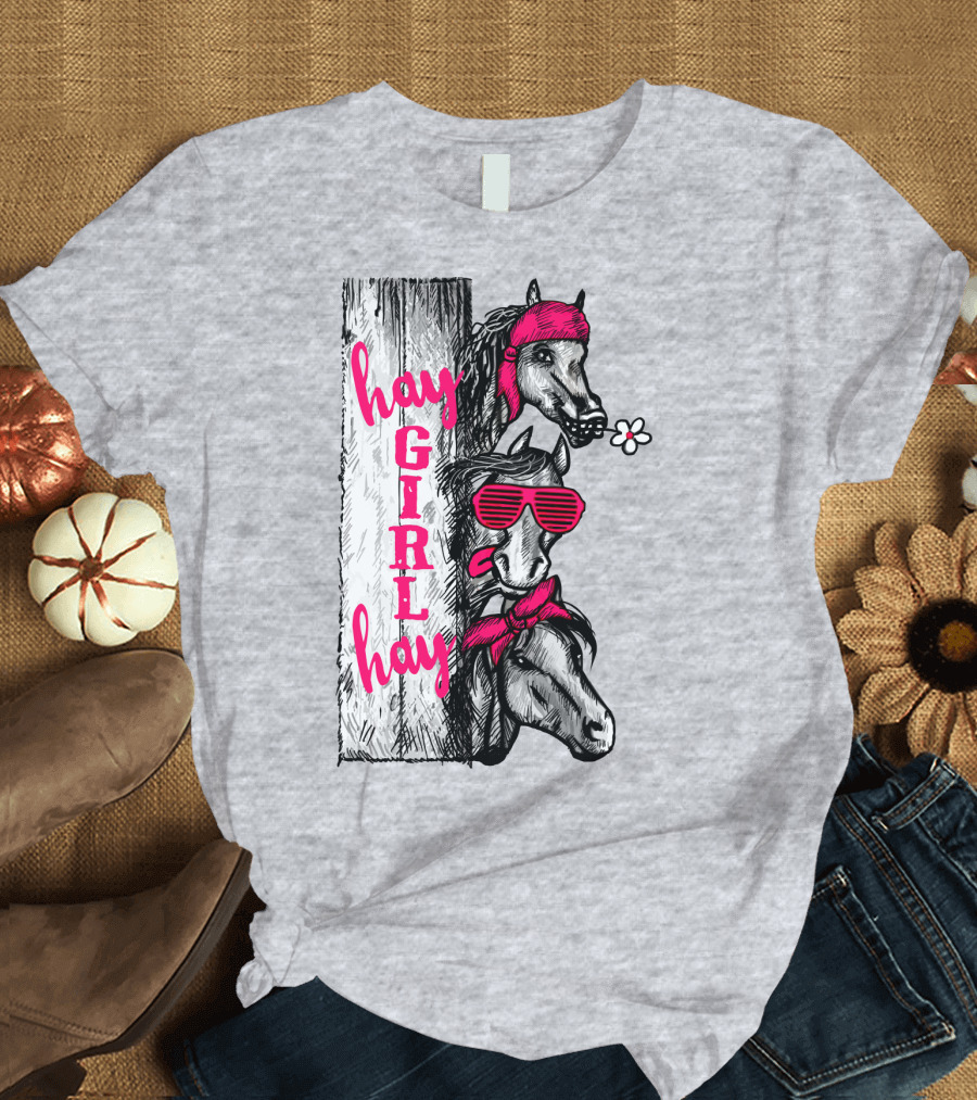 Hay GIRL Hay Funny Horse Trio with Bandanas and Sunglasses T-Shirt