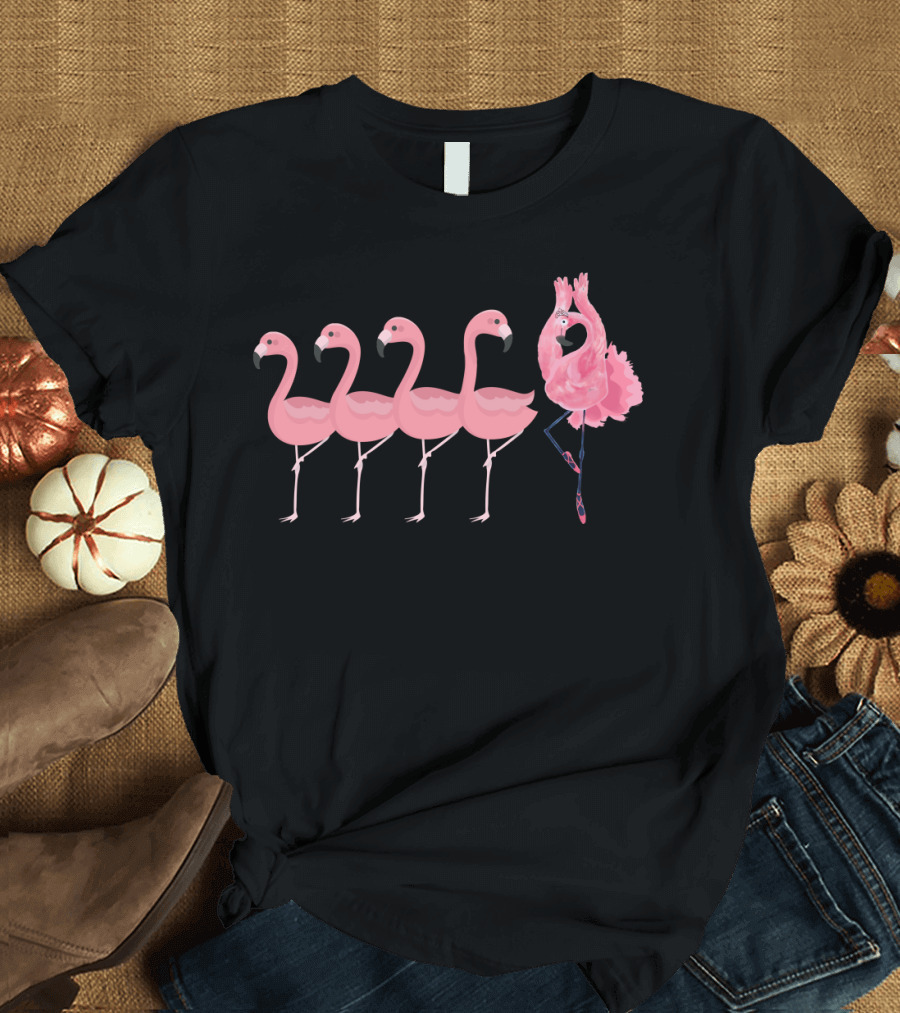 BALLET FLAMINGO IN TUTU AND SLIPPERS AMONGST FLAMINGOS T-Shirt