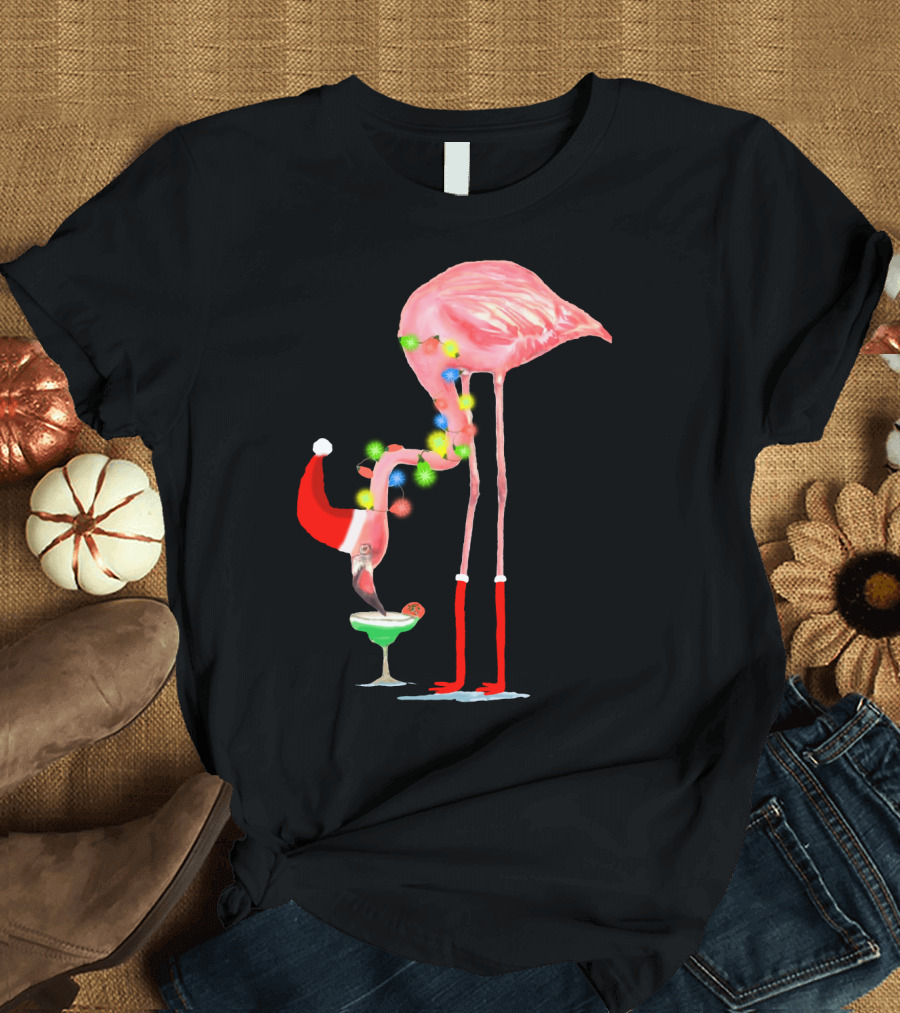 Flamingo Christmas Cocktail Santa Hat and Lights T-Shirt
