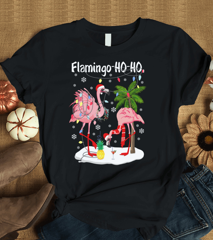 Flamingo HO-HO Christmas Lights and Snowflakes Holiday Scene T-Shirt