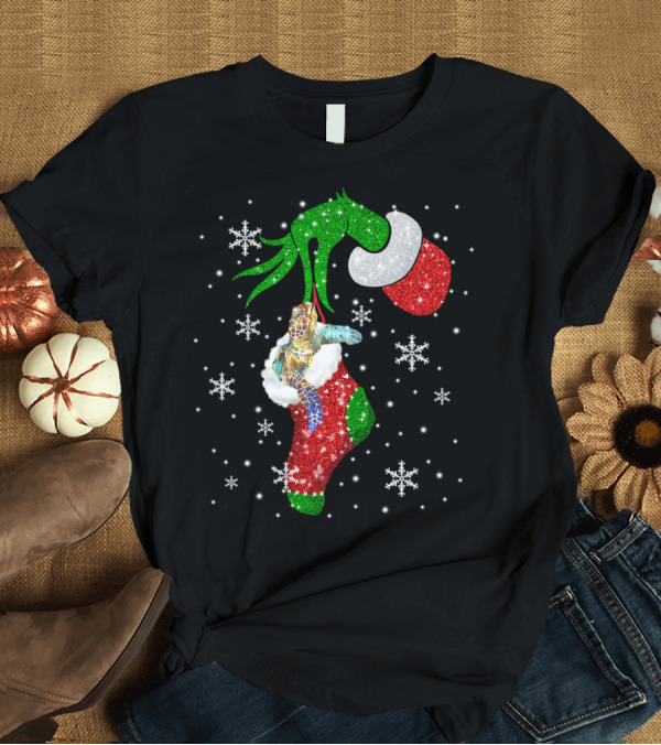 T-Shirt: Grinch Christmas Turtle in Glittery Stocking with Snowflakes T-Shirt Grinch Christmas Turtle in Glittery Stocking with Snowflakes T-Shirt