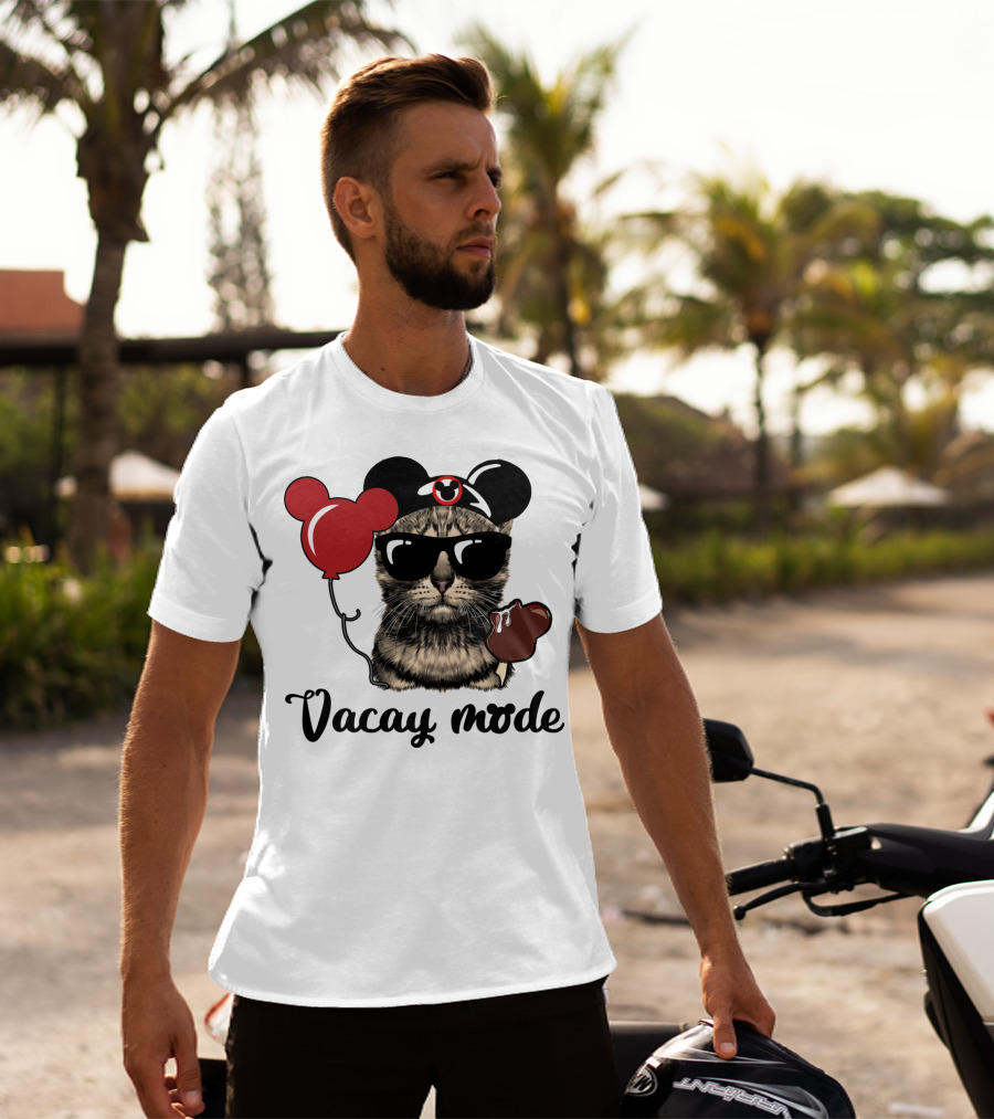 Vacay Mode Cat With Mouse Ears, Balloon, Sunglasses, Chocolate For Fans T-Shirt
