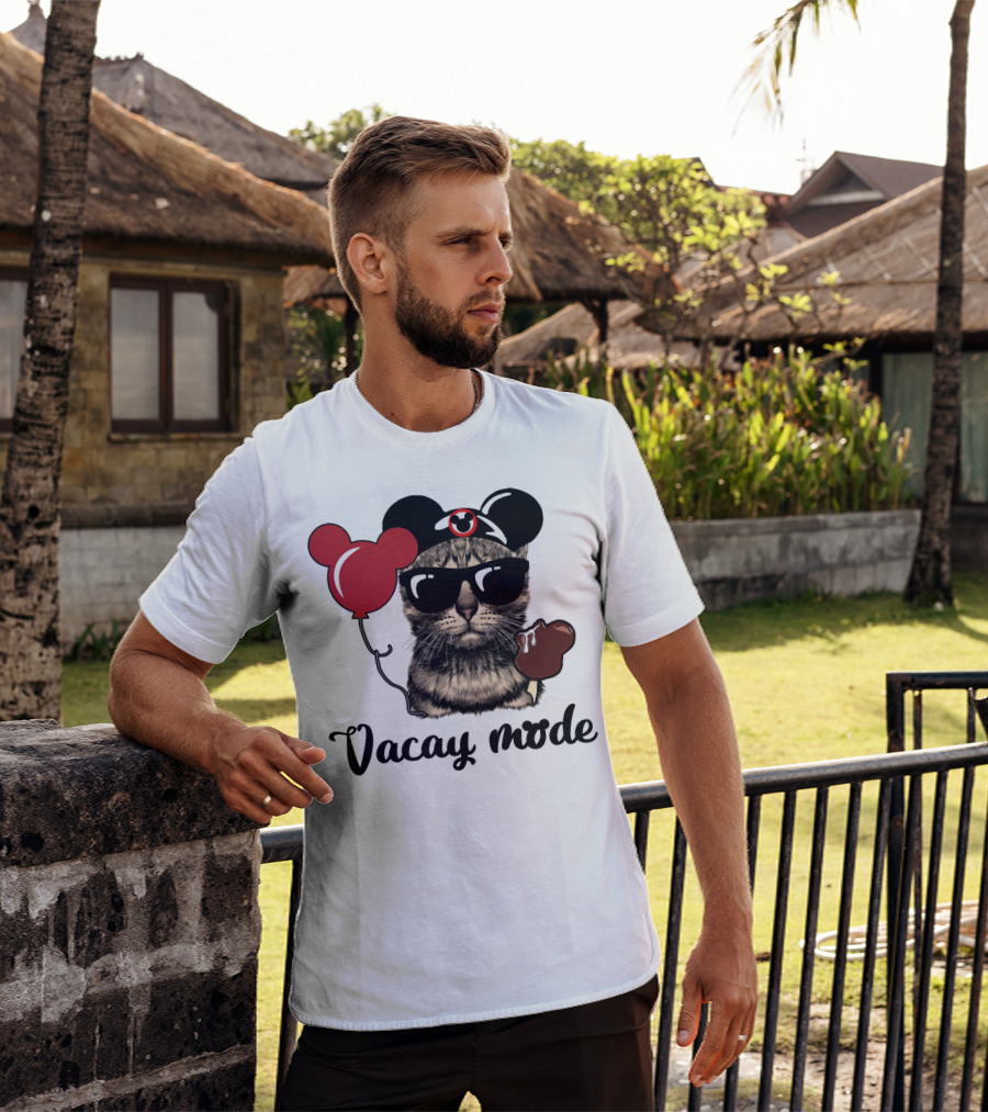 Vacay Mode Cat With Mouse Ears, Balloon, Sunglasses, Chocolate For Fans T-Shirt