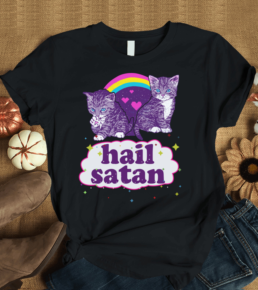 Hail Satan Cats with Rainbow and Hearts T-Shirt