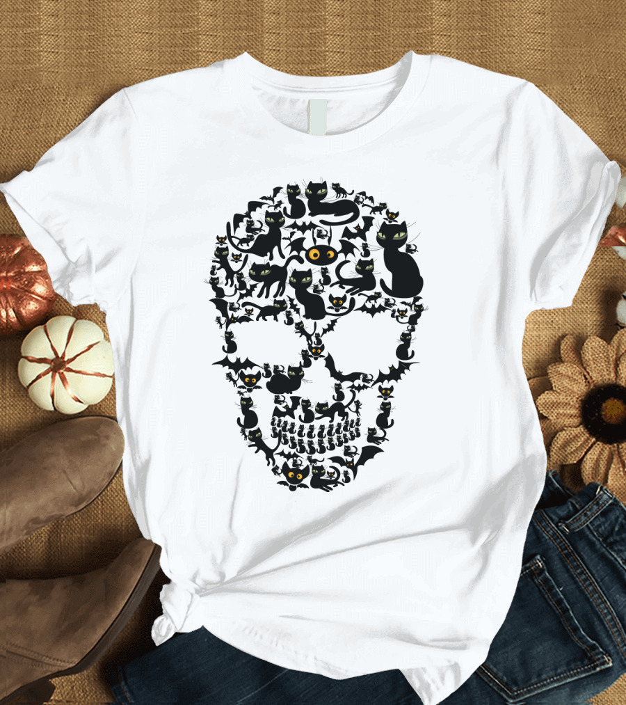 Cat Skull Bat Eyes Halloween Cats T-Shirt