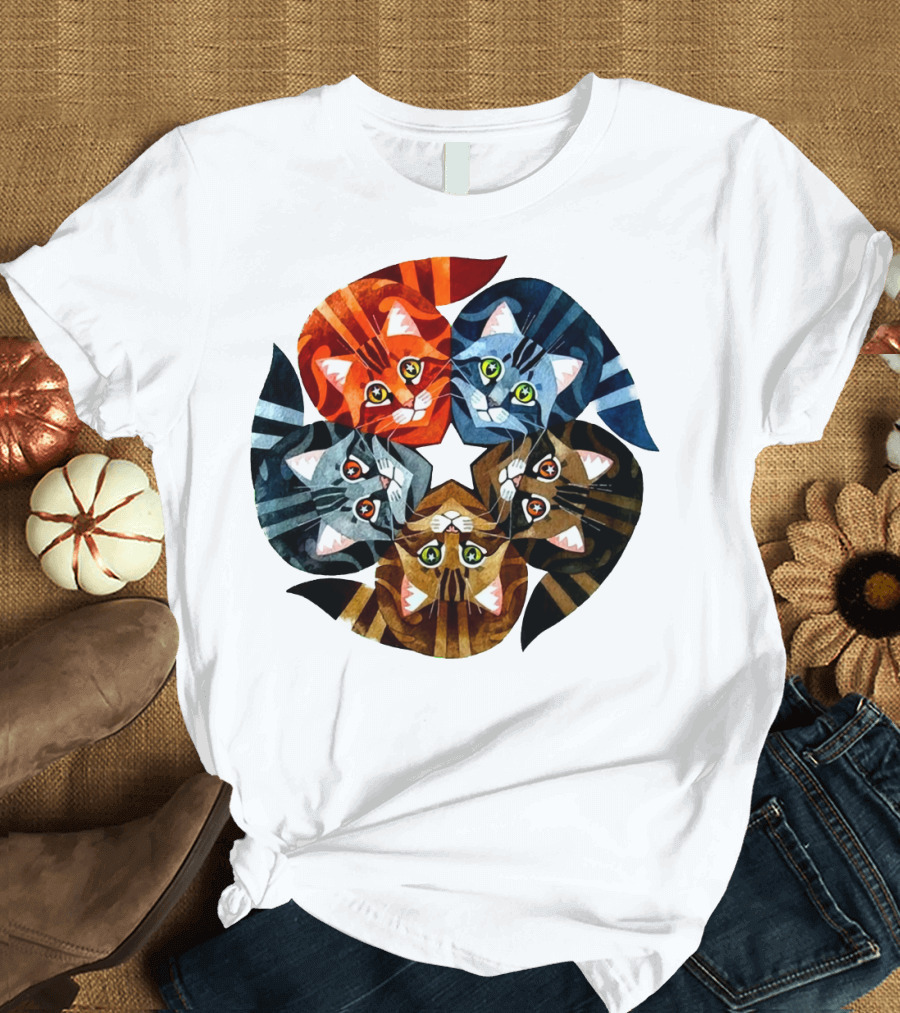 Cat Star Kaleidoscope with Five Colorful Cats in a Circle T-Shirt