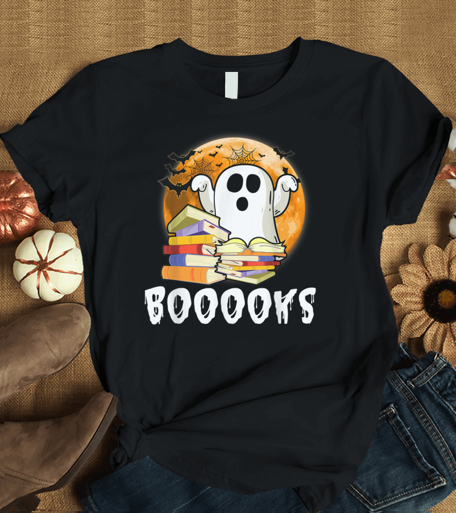Booooks Ghost with Books in Front of Moon and Bats T-Shirt