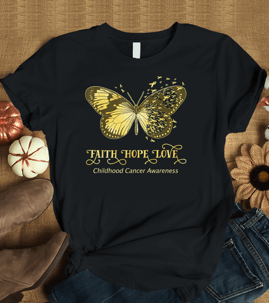 Faith Hope Love Childhood Cancer Awareness Butterfly T-Shirt