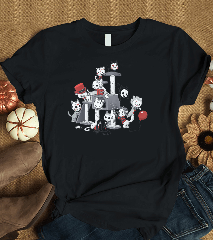 Cats Horror Kitties Creepy Playful Feline Characters Halloween Scary Red Balloon T-Shirt