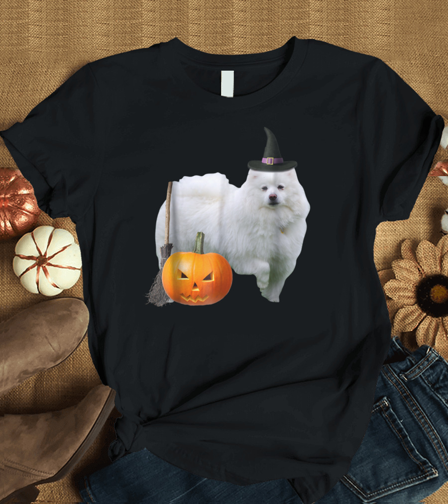 American Eskimo Witch Hat Broom Jack-O'-Lantern Halloween Dog T-Shirt