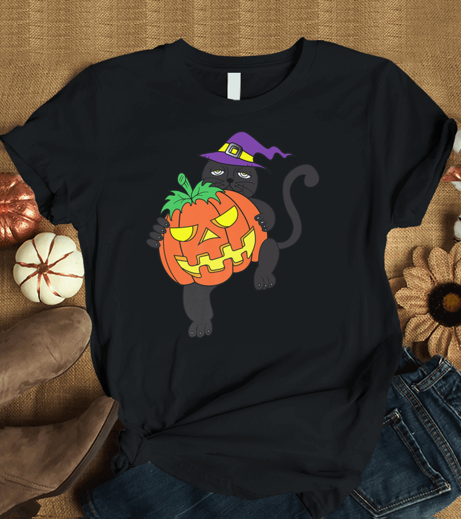 Happy Halloween Scary Black Cat Pumpkin T-Shirt