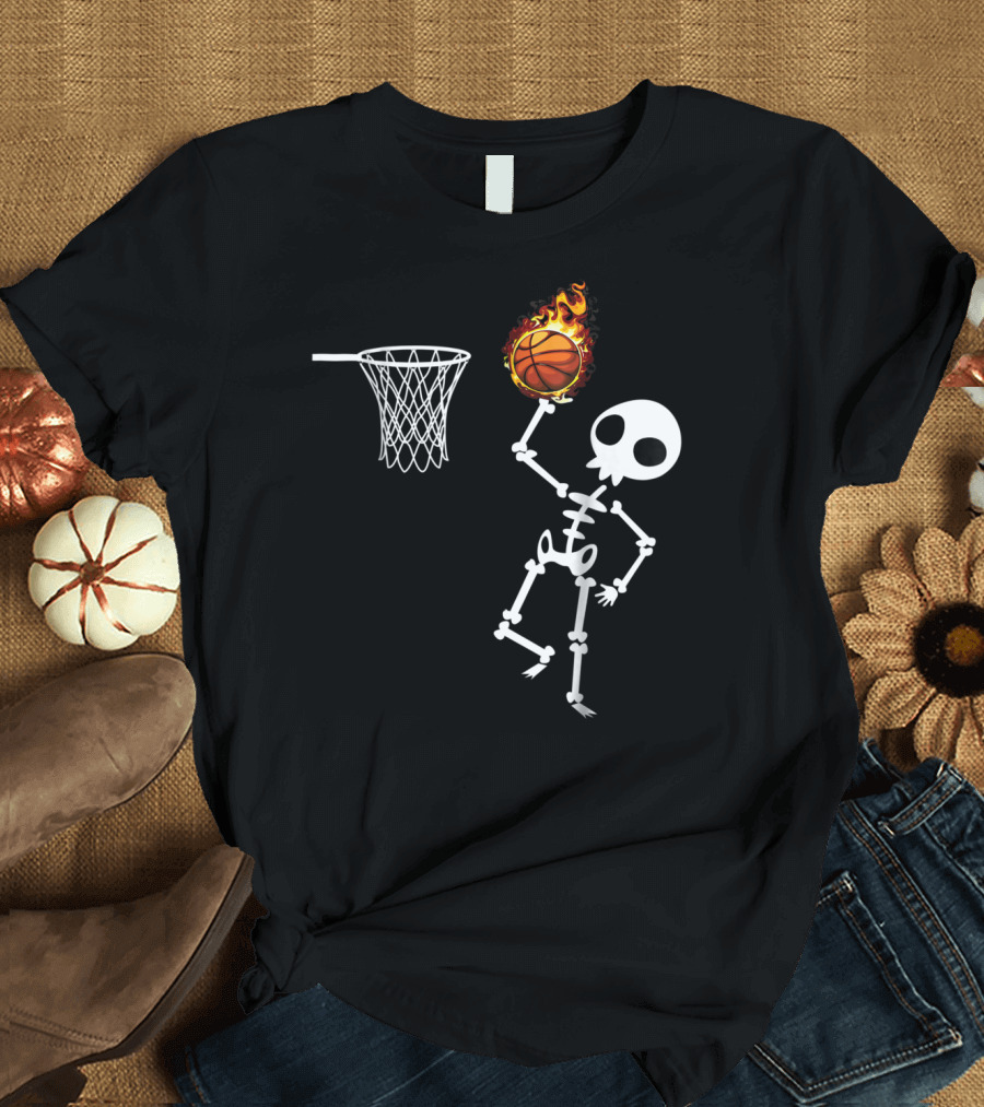 Basketball Skeleton Halloween Skull Dunking Flaming Ball T-Shirt