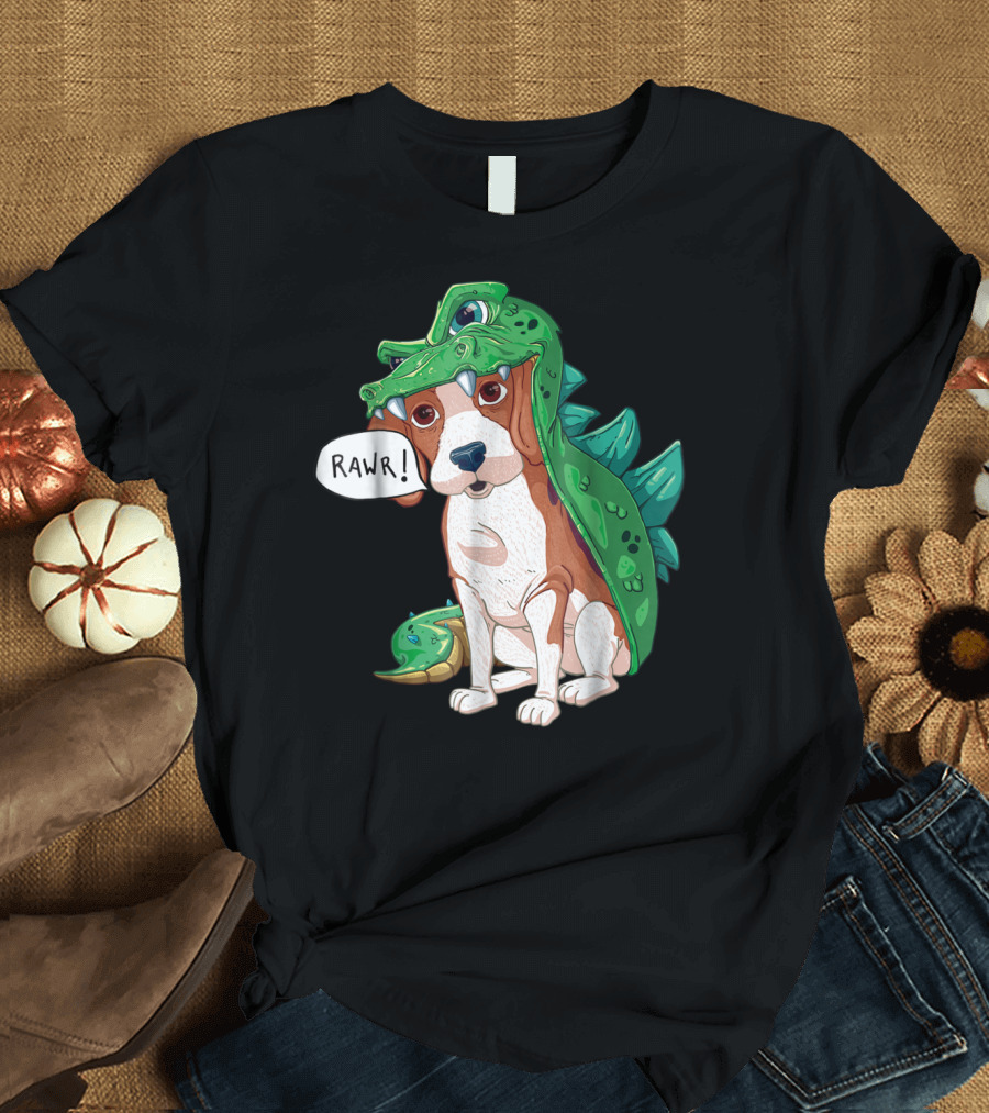Beagle in Green Dinosaur Dragon Costume Saying Rawr Halloween Dog T-Shirt