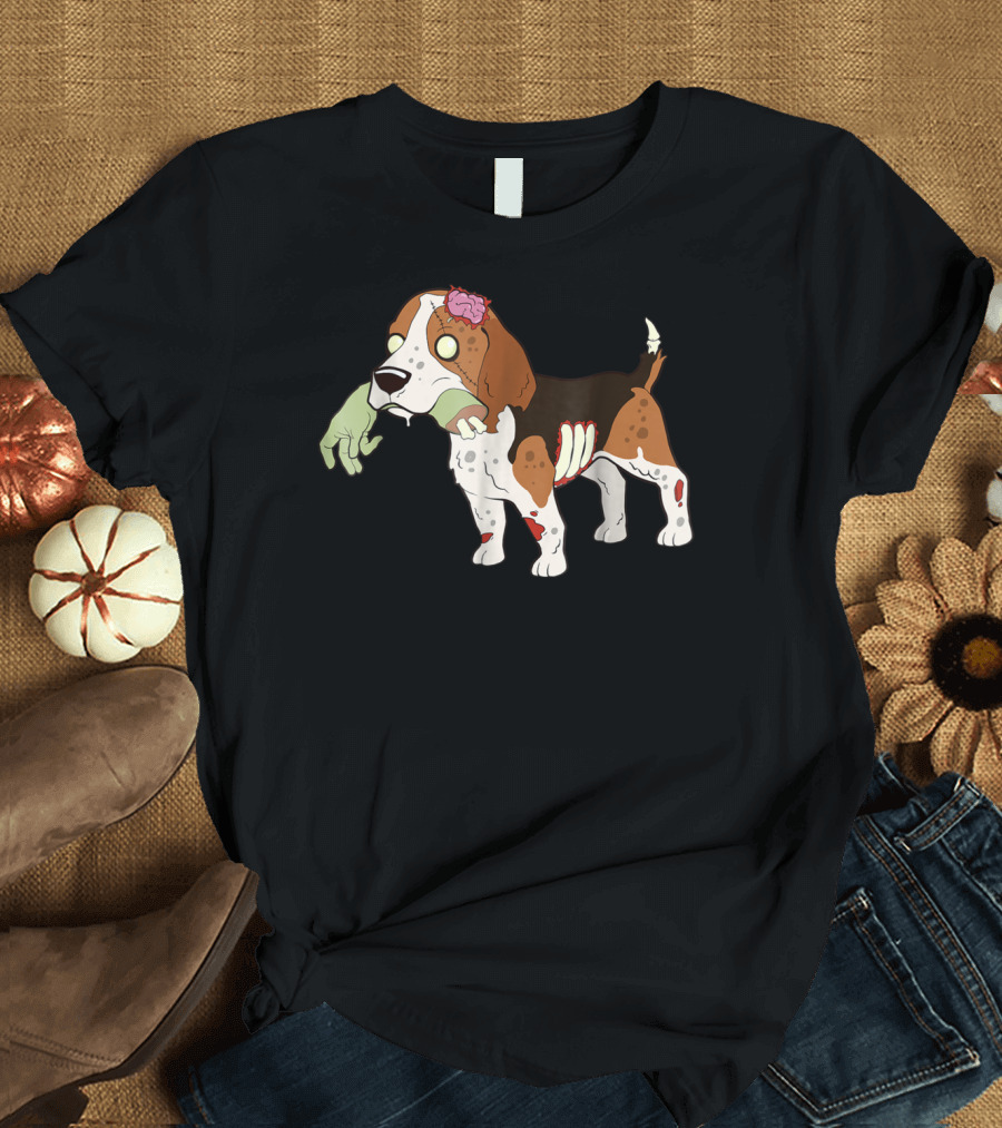 Beagle Zombie Halloween Funny Dog with Scary Hand and Brain T-Shirt
