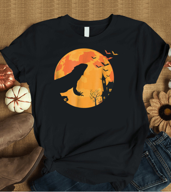 T-Shirt: Halloween Bearded Dragon Moon Silhouette with Bats and Haunted House T-Shirt Halloween Bearded Dragon Moon Silhouette with Bats and Haunted House T-Shirt