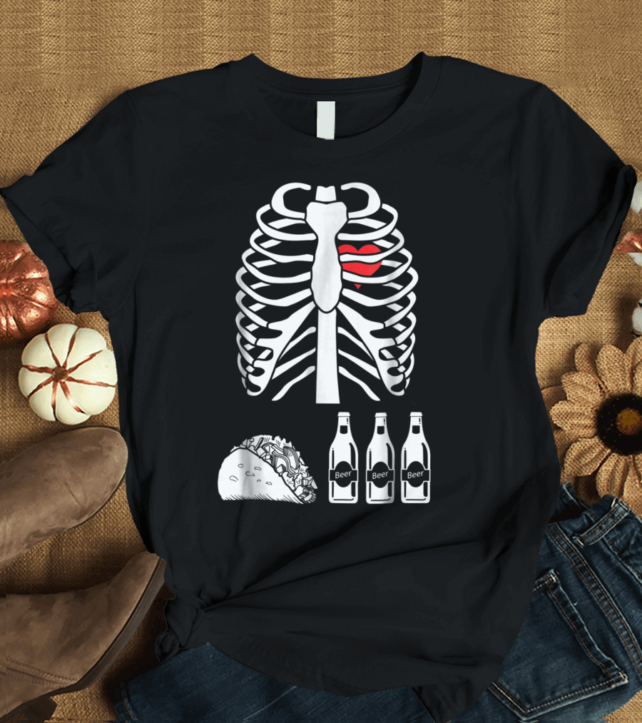 Skeleton Ribcage with Heart Beer Tacos Xray T-Shirt