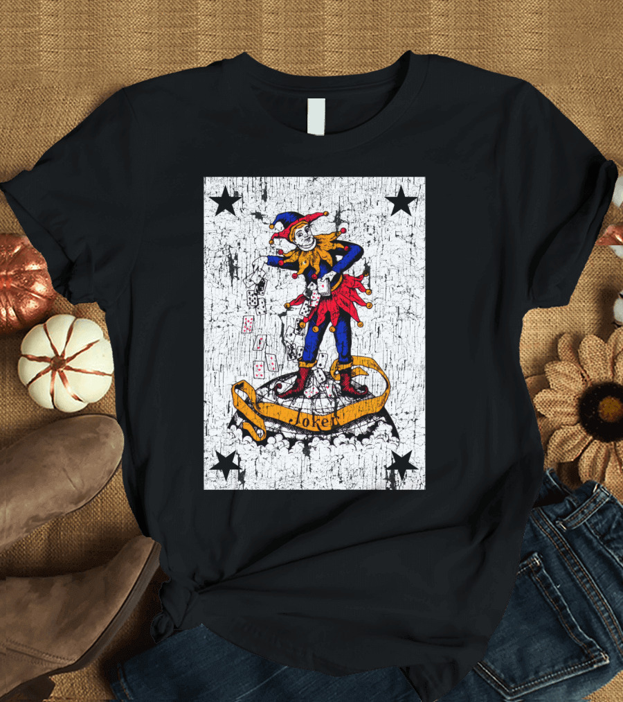 Black Joker Playing Card Clown with Stars and Cards Falling T-Shirt