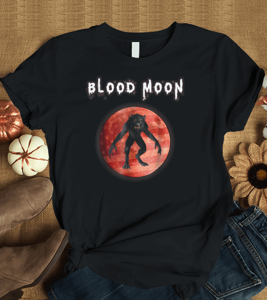 Blood Moon Werewolf Silhouette on Red Lunar Background T-Shirt