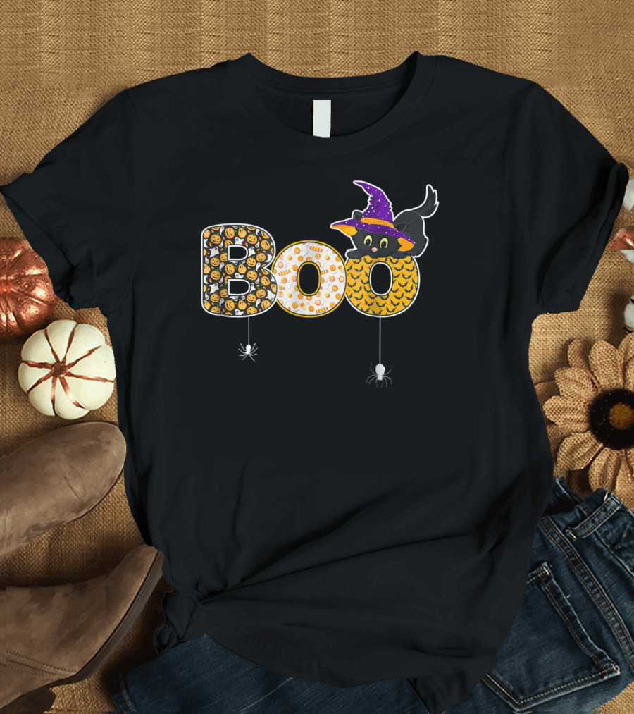 Boo Halloween Black Cat Witch Hat Spider Pattern Pumpkin T-Shirt
