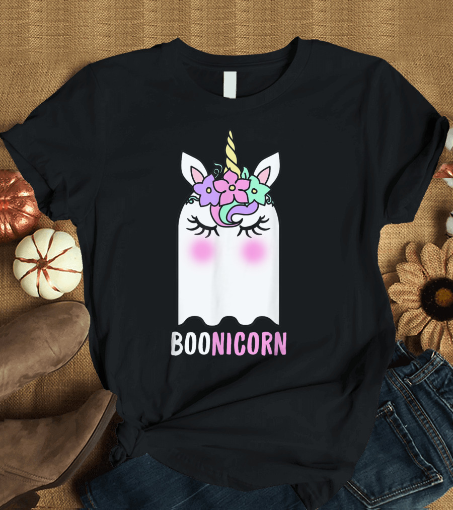 Boonicorn Unicorn Ghost with Rainbow Horn and Flower Crown T-Shirt