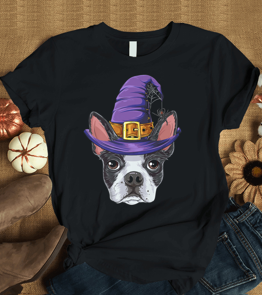 Boston Terrier in Purple Witch Hat with Spider Web Halloween T-Shirt