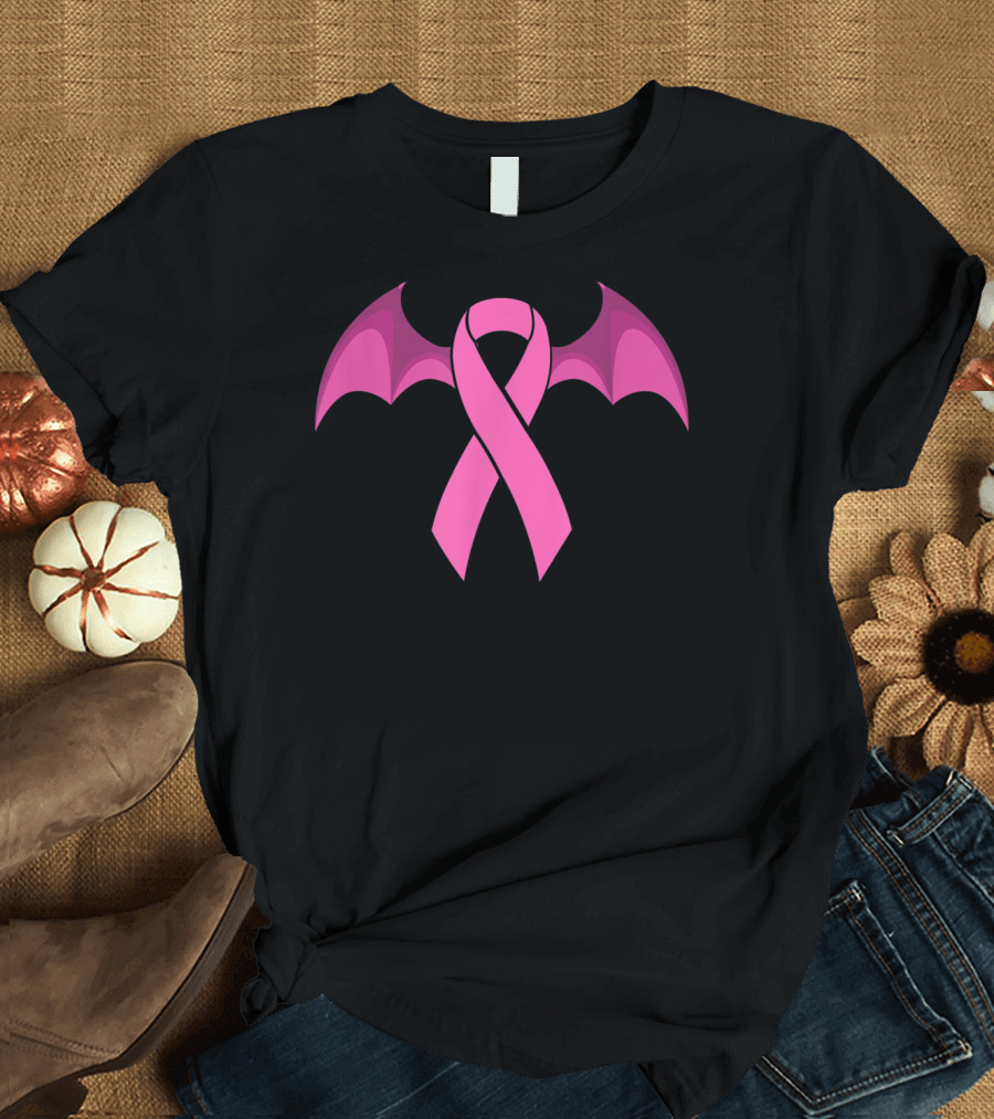 Pink Ribbon Breast Cancer Awareness Bat Wings Halloween T-Shirt