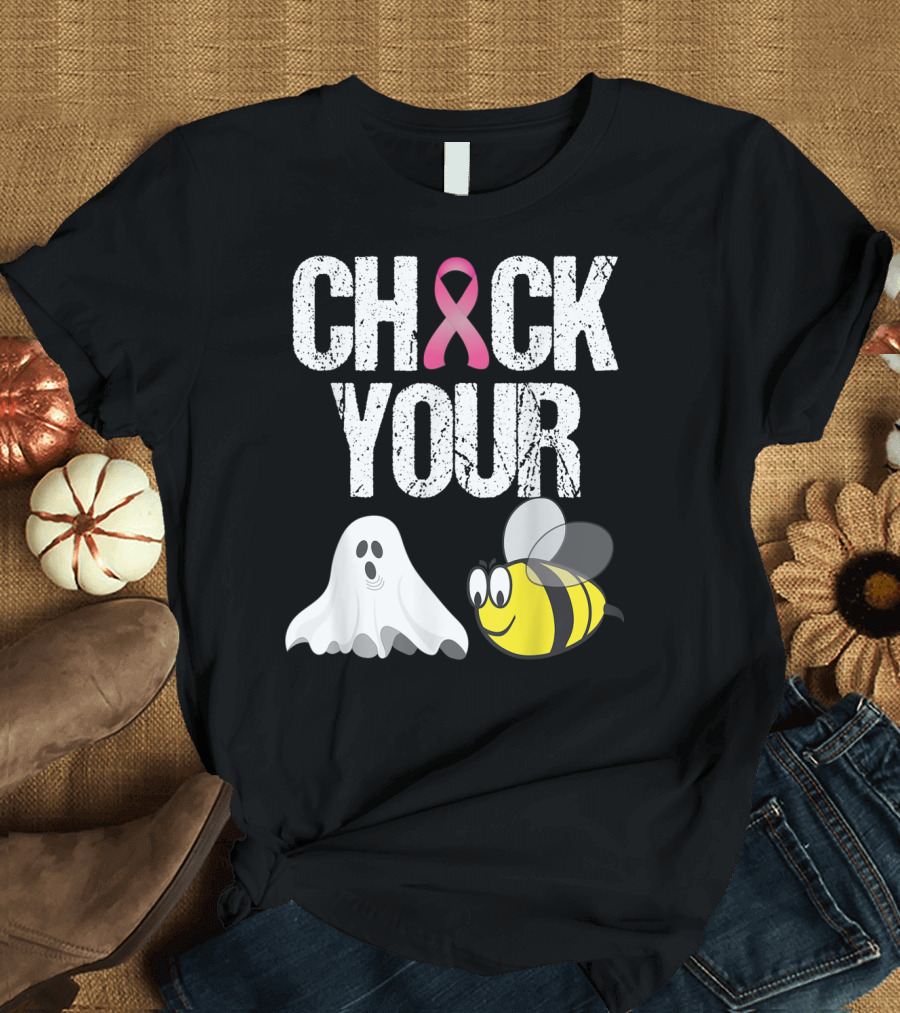 Check Your Boo Bees Breast Cancer Awareness Ghost and Bee Pink T-Shirt