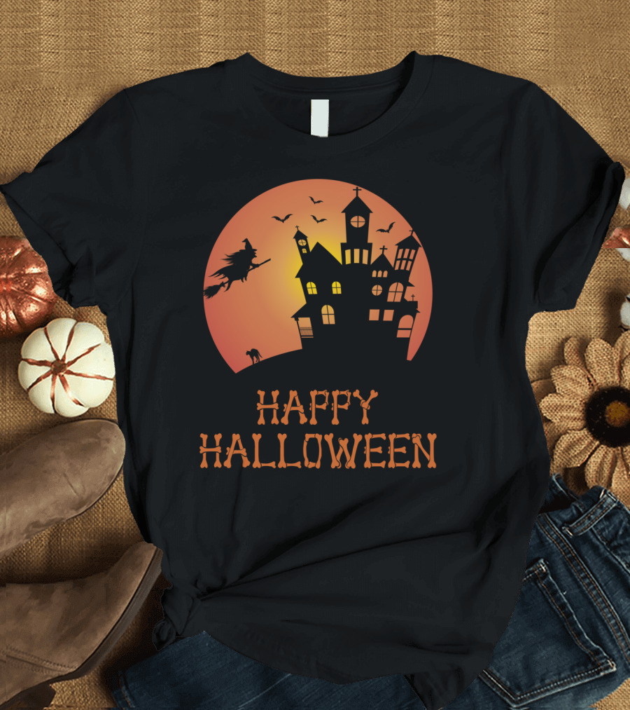 Happy Halloween Witch Haunted House Silhouette Moon Bats T-Shirt
